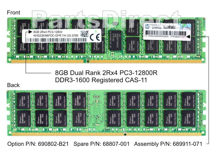 690802-B21 HP DL160 G8 8 ГБ двухранговой памяти PC3-12800R DDR3 Registered Memory Kit (1x8 ГБ)